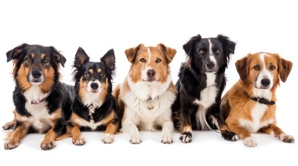 Five diverse dogs sitting together gazing at the camera on a white background