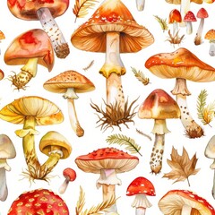 Watercolor Mushrooms Seamless Pattern, Autumn Mushroom Painting, Watercolour Wild Mushrooms Pattern