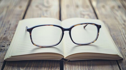 Eyeglasses on notebook with blank pages Office study Future unwritten