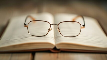 Eyeglasses on notebook with blank pages Office study Future unwritten