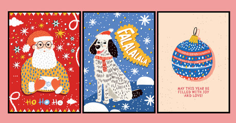Vector retro posters in cartoon style hand-drawn on the theme of New Year and Christmas greeting cards with kind greetings