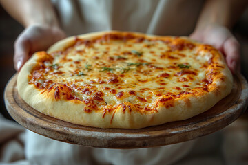 A platter of wood fired Quattro Formaggi Pizza or four cheese pizza