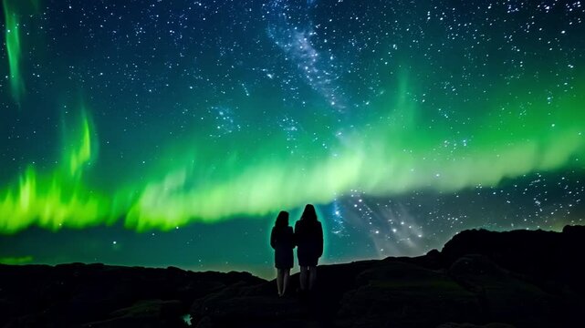 People in the Northern Lights, Winter landscape with polar weather in Arctic, Norway,Canada,Finland,Iceland, Sweden. Starry night sky scenery background