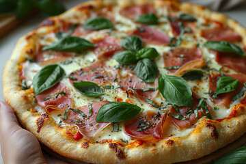 Grilled pizza with prosciutto on the table