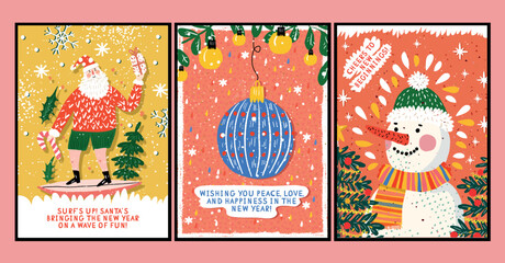 Vector retro posters in cartoon style hand-drawn on the theme of New Year and Christmas greeting cards with kind greetings