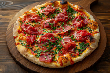 Grilled pizza with prosciutto on the table