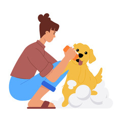 A flat character illustration depicting pet grooming 

