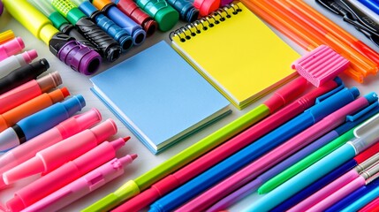 Obraz premium A neat assortment of school supplies on a whiteboard background, including markers, erasers, and sticky notes
