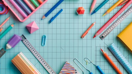 A detailed flat lay of school supplies on a grid background, with items like a ruler, erasers, and colored pencils