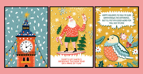 Vector retro posters in cartoon style hand-drawn on the theme of New Year and Christmas greeting cards with kind greetings
