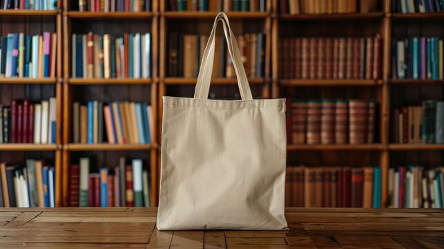Beige canvas tote bag mockup template on wooden table in library. Eco friendly totebag mock up made of natural cotton. Reusable shopper ecobag canvas for design