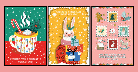 Vector retro posters in cartoon style hand-drawn on the theme of New Year and Christmas greeting cards with kind greetings