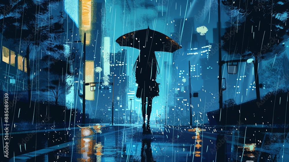 Wall mural A lone figure walks down a rainy city street holding an umbrella.