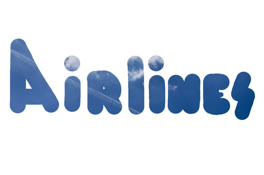 Inscription "Airlines" in color of the sky with some contrails and white clouds inside of letters, creative image, isolated on white, aircraft theme