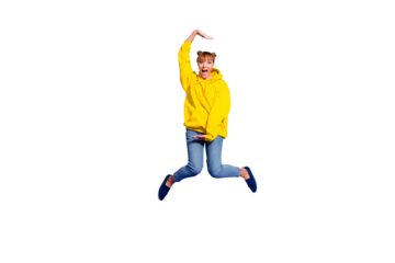 Full length body size photo of jumping high crazy she her lady with pretty buns hands disordered yelling in gladness wearing casual jeans yellow pullover isolated on purple background