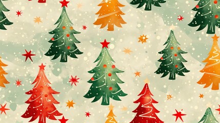 Obraz premium An artistic, whimsical pattern of various Christmas trees adorned with stars and baubles, set against a snowy backdrop.