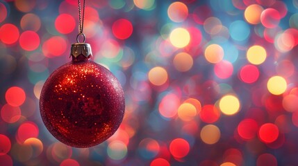 Fototapeta premium A red sparkling Christmas ornament hangs before a bokeh of festive lights, creating a magical holiday atmosphere.