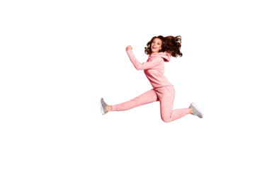 Full length body size photo crazy jumping flight high amazing she her lady hands arms help rush shopping wearing modern casual pink costume suit pullover outfit isolated vibrant rose background