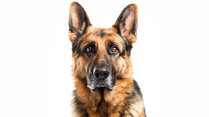 A German Shepherd standing tall and looking straight at the camera, isolated on a white background