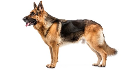 A German Shepherd standing with a proud stance, isolated on a white background