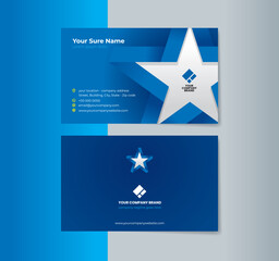 A set of horizontal double-sided business card template designs with Blue and white illustration of a folded ribbon in the shape of a five-sided star on gradation background