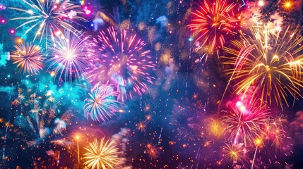 Fototapeta premium New Year's Eve fireworks burst in vibrant colors against a rustic dark blue night sky texture, creating a stunning festive scene