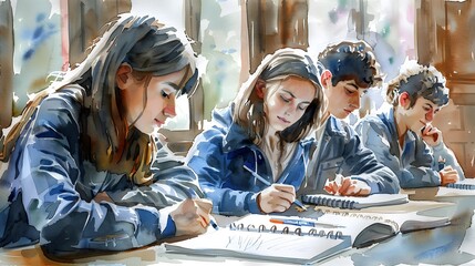 A group of students focused on their studies in a vibrant classroom setting. Engaged in writing and learning, showcasing teamwork and education.