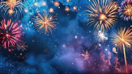 New Year's Eve fireworks burst in vibrant colors against a rustic dark blue night sky texture, creating a stunning festive scene