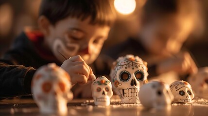 Children decorating sugar skulls for Day of the Dead, celebrating Mexican culture with colorful and traditional crafts.