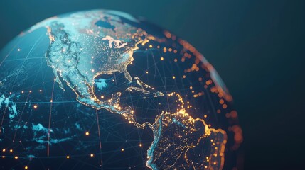 North America highlighted on an abstract globe, representing global connections and geographic focus.