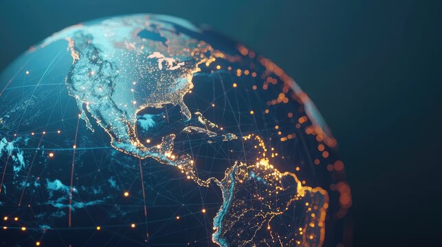 North America highlighted on an abstract globe, representing global connections and geographic focus.