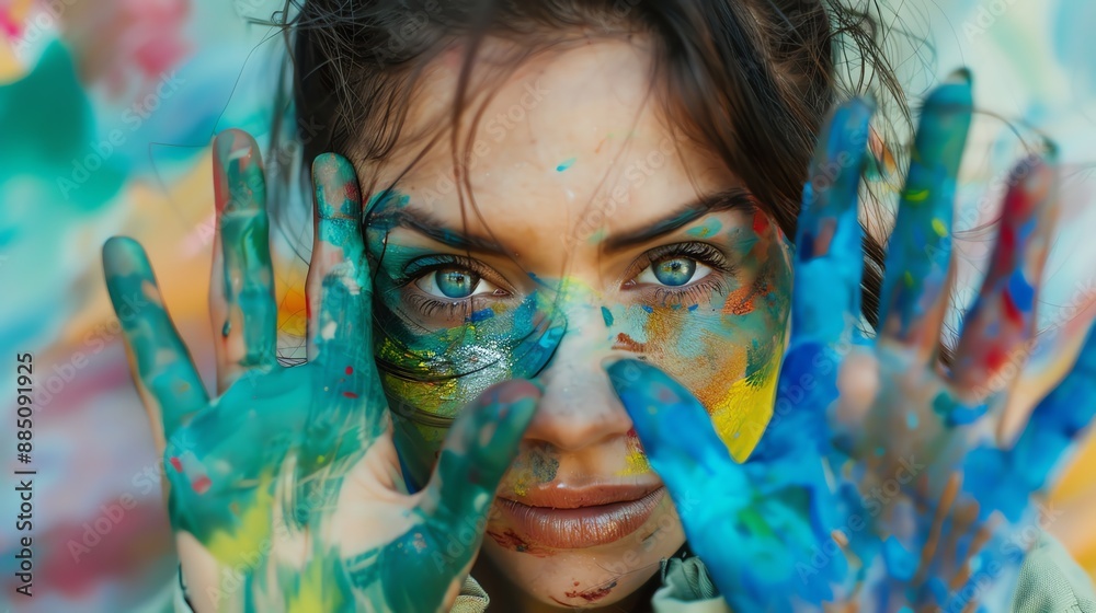 Poster A young woman with blue eyes and paint on her hands looks directly at the camera.