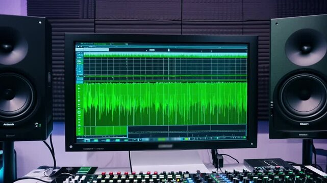 Recording studio playing music recording studio with equalizer, speakers and keyboards