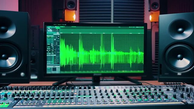 Recording studio playing music recording studio with equalizer, speakers and keyboards