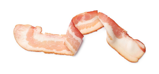 Slice of raw bacon isolated on white, top view