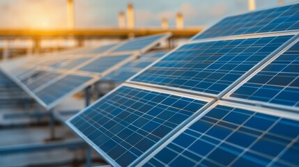 Fototapeta premium High-tech manufacturing facility with solar panels, close-up, clean energy integration, futuristic, Overlay, industrial park, focus cover all object