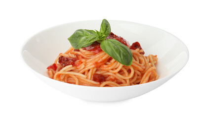 Delicious pasta with tomato sauce and basil in bowl isolated on white