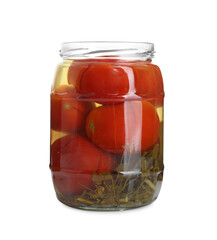 Tasty pickled tomatoes in jar isolated on white