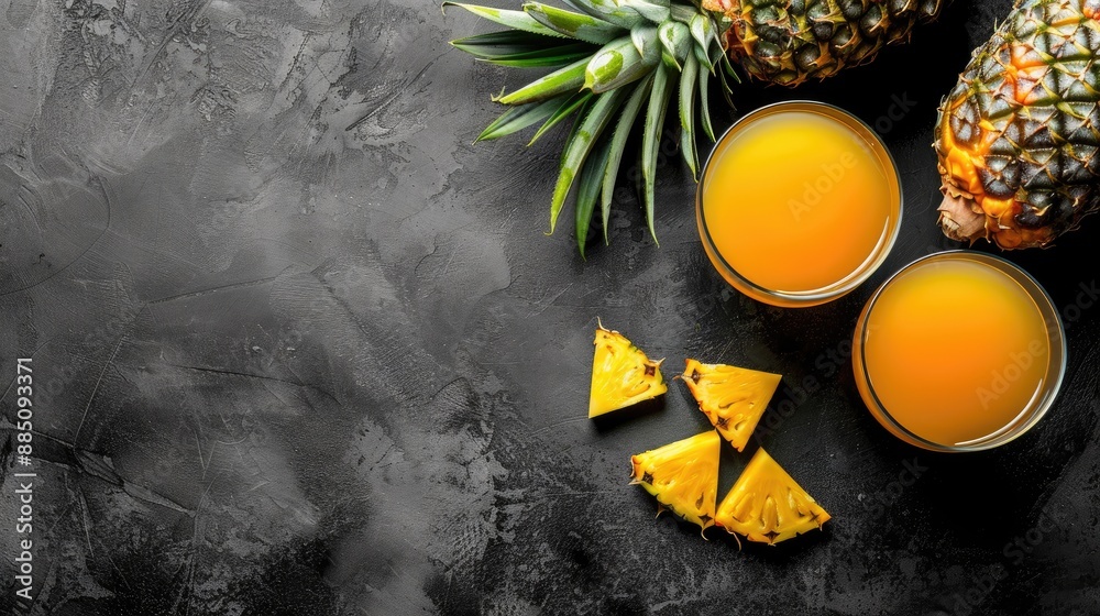Poster fresh pineapple juice in glass with fruit on black background top view with space for text