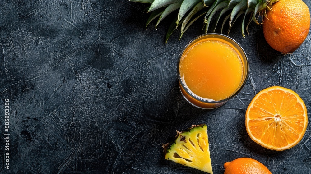 Aufkleber Fresh pineapple juice in glass with fruit on black background top view with space for text