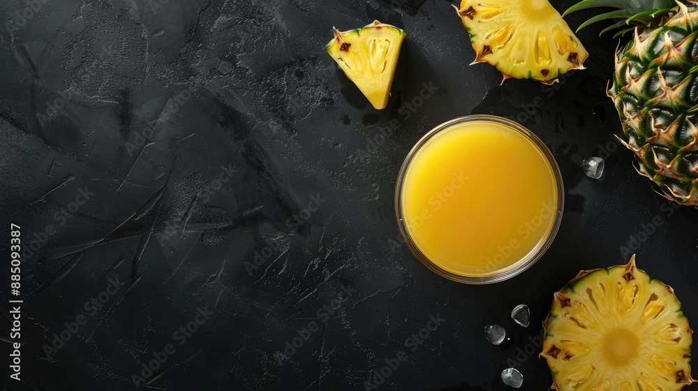 Poster fresh pineapple juice in glass with fruit on black background top view with space for text