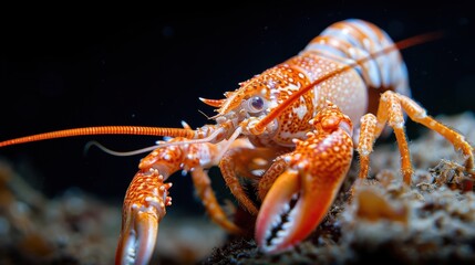 A vibrant close-up photo of an orange lobster in its underwater habitat, showcasing the intricate details and texture of its shell and antennae against a dark background.