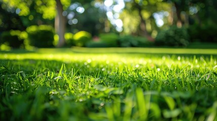 Naklejka premium Fresh green spring grass on untrimmed lawn with selective focus and room for text
