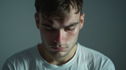 Obraz premium Silver background sad european white man realistic person portrait of young beautiful bad mood expression man Isolated on Background depression anxiety fear.