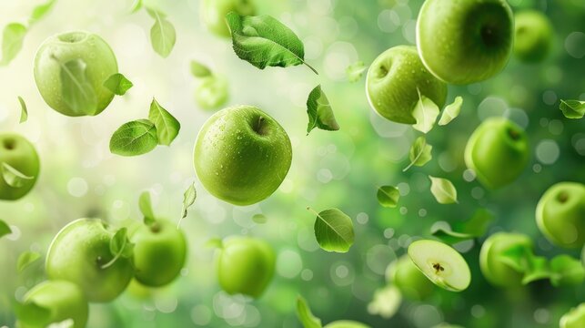 Fresh green apples and leaves floating in the air with blurred green background food levitation concept