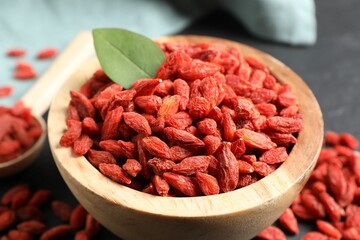 Dried goji berries in wooden bowl on table, closeup