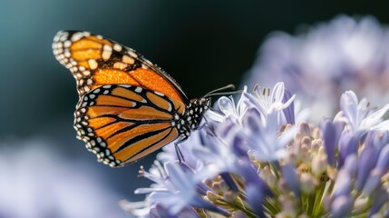 Fototapeta premium A monarch butterfly is perched on a violet flower petal, highlighting the vivid colors and intricate details of both the butterfly's wings and the blooming flower.