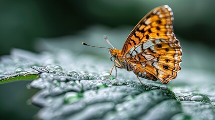 Obraz premium Striking image of a golden butterfly with detailed patterns resting on a dew-covered green leaf under gentle sunlight, showcasing nature's tranquility and intricate beauty.