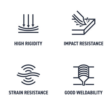  Impact Resist, Rigidity, Weldability - icons in bold line