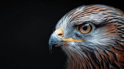 Naklejka premium A stunning photograph of the hawk with a sharp beak and piercing eye in profile view. The image captures the essence of its predatory instincts and focused determination.